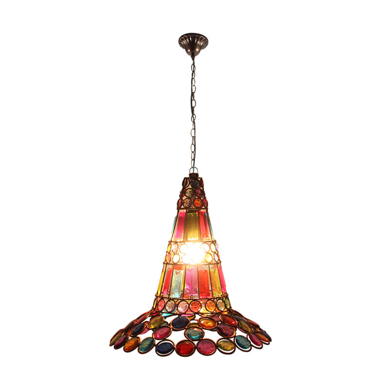 Vintage Crystal Pendant Lamp: 1-Light Rustic Copper Hanging Lantern With Multi-Colored Bead Detail