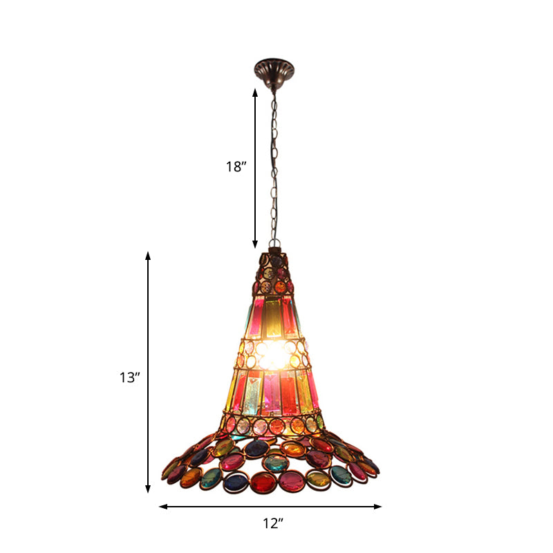 Vintage Crystal Pendant Lamp: 1-Light Rustic Copper Hanging Lantern With Multi-Colored Bead Detail