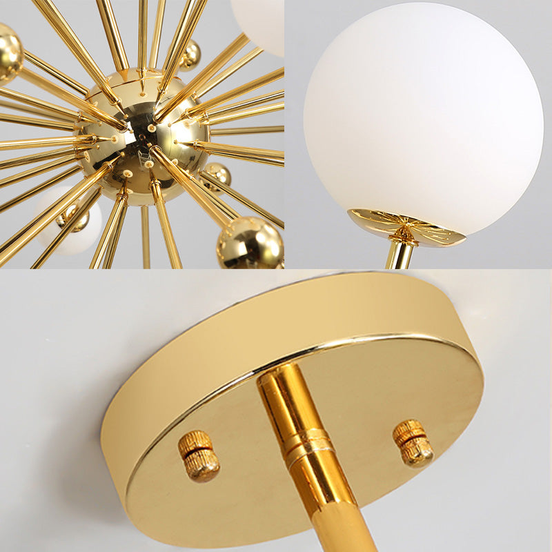 Gold Starburst Chandelier with White Glass Ball Shades - Designer Multi-Light Pendant Lamp - Various Width Options: 23.5", 31.5", 39