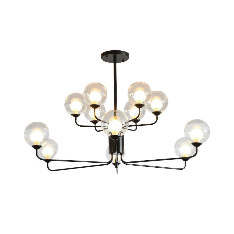 Contemporary 2-Tier Ball Clear Glass Chandelier with Radial Design - 8/12/18 Lights - Black/Gold Hanging Light Fixture