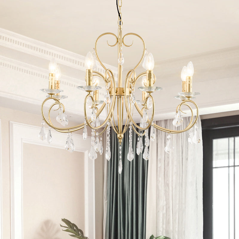 Modern Style Hanging Candle Lamp with Crystal Accent, 3/6 Lights Chandelier in Gold