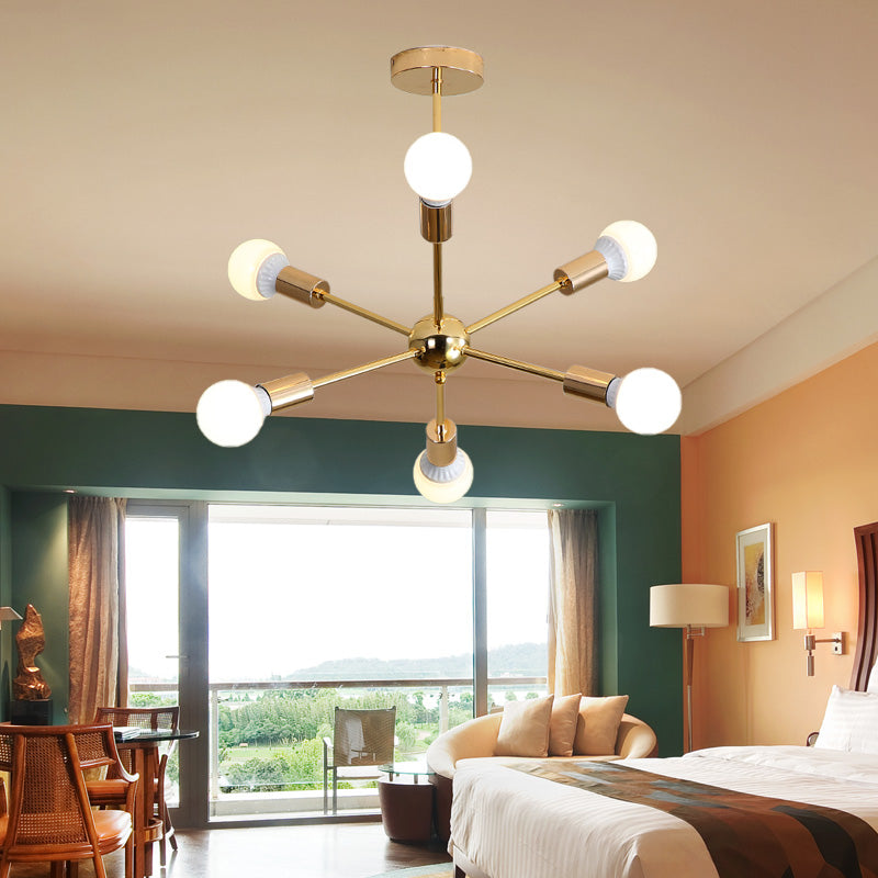 Modernist Metal Starburst Chandelier Light - 26"/38.5" Wide, Gold, 6/10/12 Lights - Hanging Ceiling Lamp with Bare Bulbs