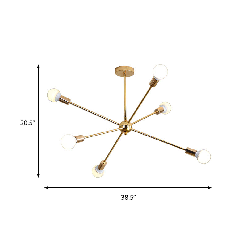 Modernist Metal Starburst Chandelier Light - 26"/38.5" Wide, Gold, 6/10/12 Lights - Hanging Ceiling Lamp with Bare Bulbs