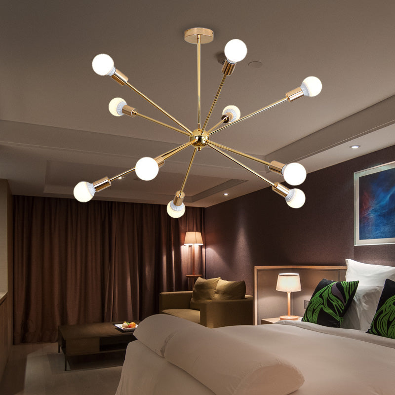 Modernist Metal Starburst Chandelier Light - 26"/38.5" Wide, Gold, 6/10/12 Lights - Hanging Ceiling Lamp with Bare Bulbs