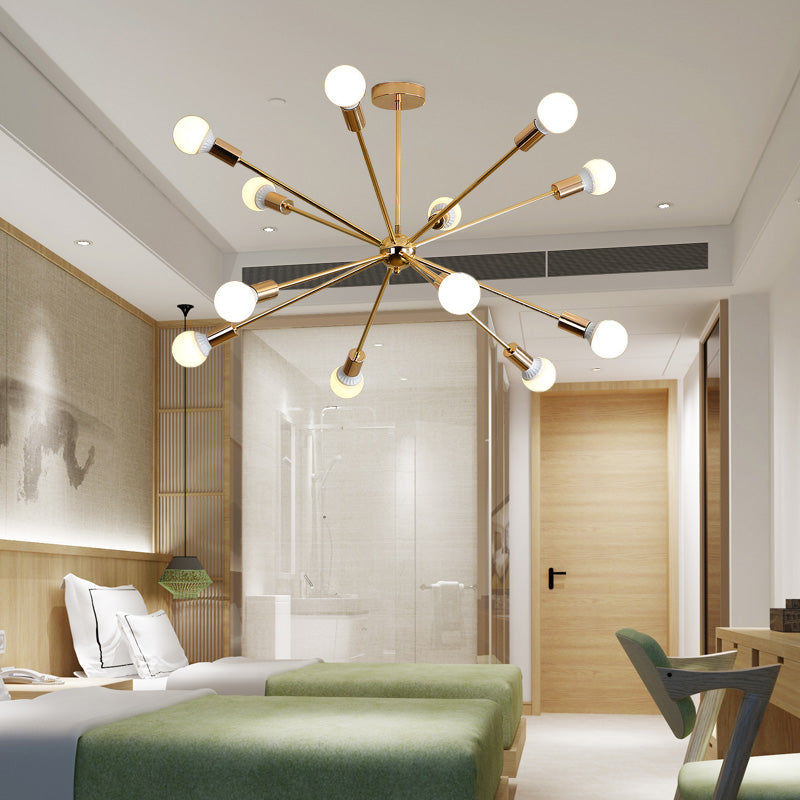 Modernist Metal Starburst Chandelier Light - 26"/38.5" Wide, Gold, 6/10/12 Lights - Hanging Ceiling Lamp with Bare Bulbs