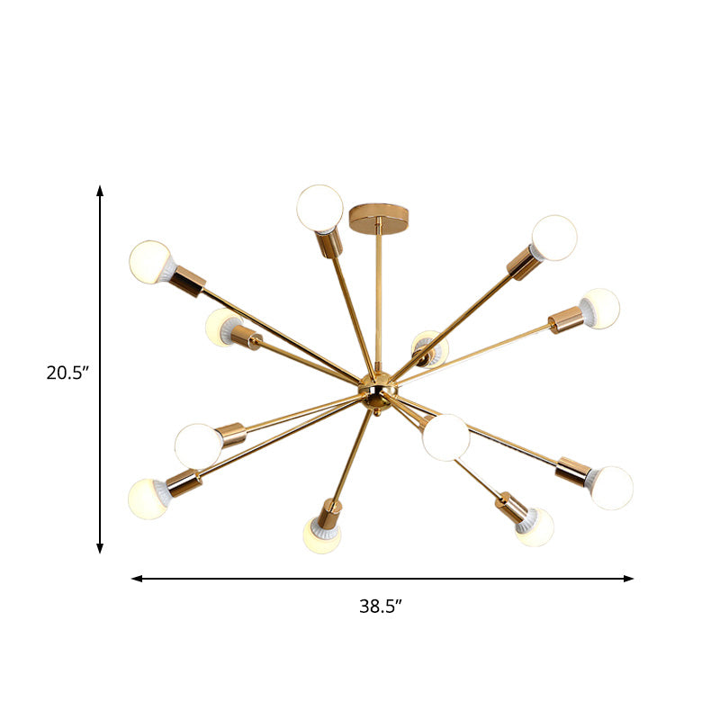 Modernist Metal Starburst Chandelier Light - 26"/38.5" Wide, Gold, 6/10/12 Lights - Hanging Ceiling Lamp with Bare Bulbs