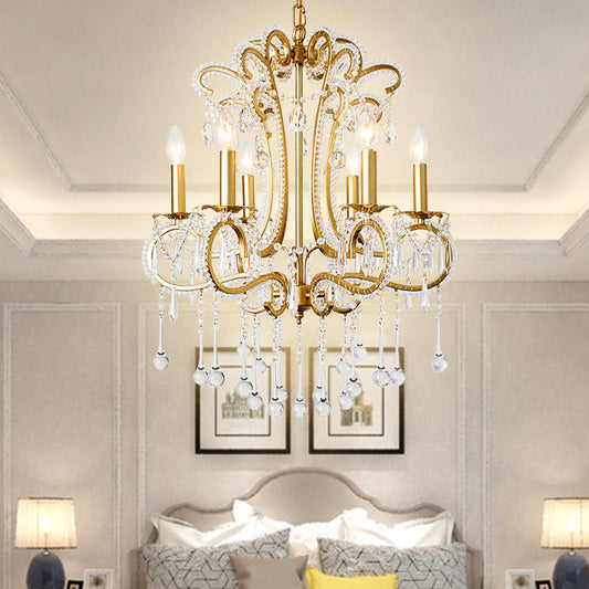 Vintage Crystal and Metal 6-Light Pendant for Bedroom with Gold Finish