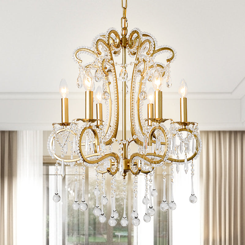 Vintage Crystal and Metal 6-Light Pendant for Bedroom with Gold Finish