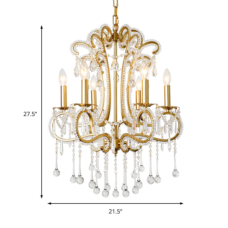 Vintage Crystal and Metal 6-Light Pendant for Bedroom with Gold Finish