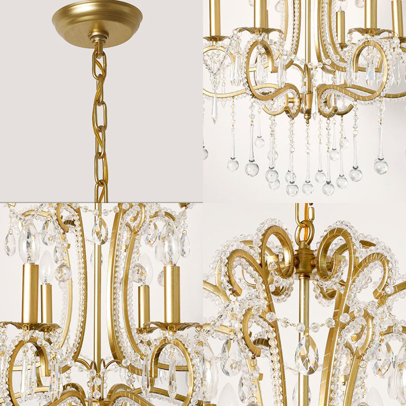Vintage Crystal and Metal 6-Light Pendant for Bedroom with Gold Finish