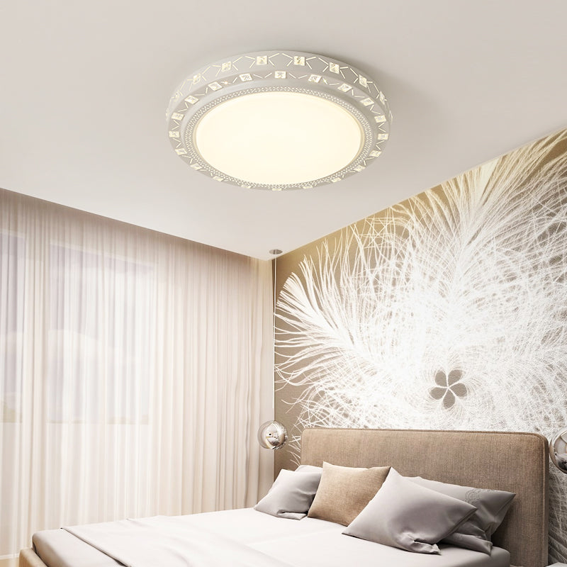 Modern White Drum Ceiling Flush Mount with Crystal Accent, LED Fixture - Perfect for Bedrooms - 16"/19.5" Wide