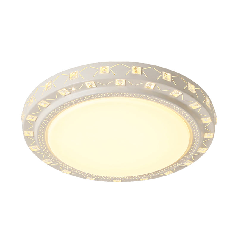 Modern White Drum Ceiling Flush Mount with Crystal Accent, LED Fixture - Perfect for Bedrooms - 16"/19.5" Wide