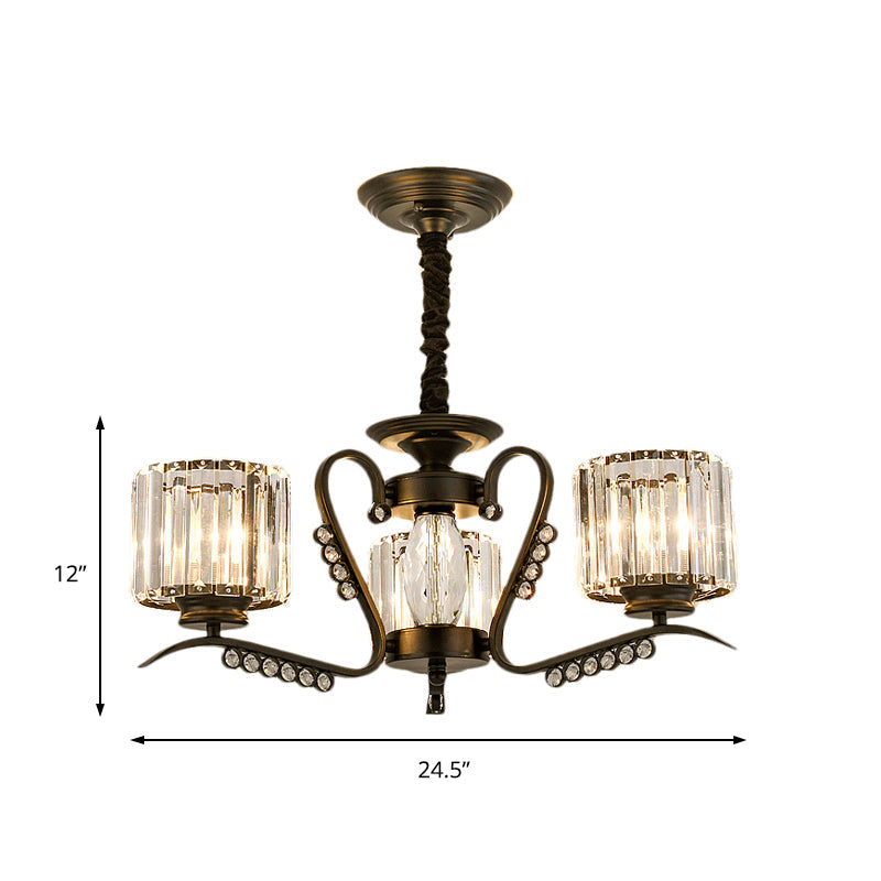 Vintage Style Black Crystal Drum Chandelier - 3/5 Head Suspension Lamp for Dining Room