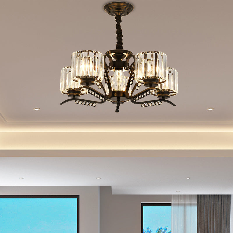 Vintage Style Black Crystal Drum Chandelier - 3/5 Head Suspension Lamp for Dining Room