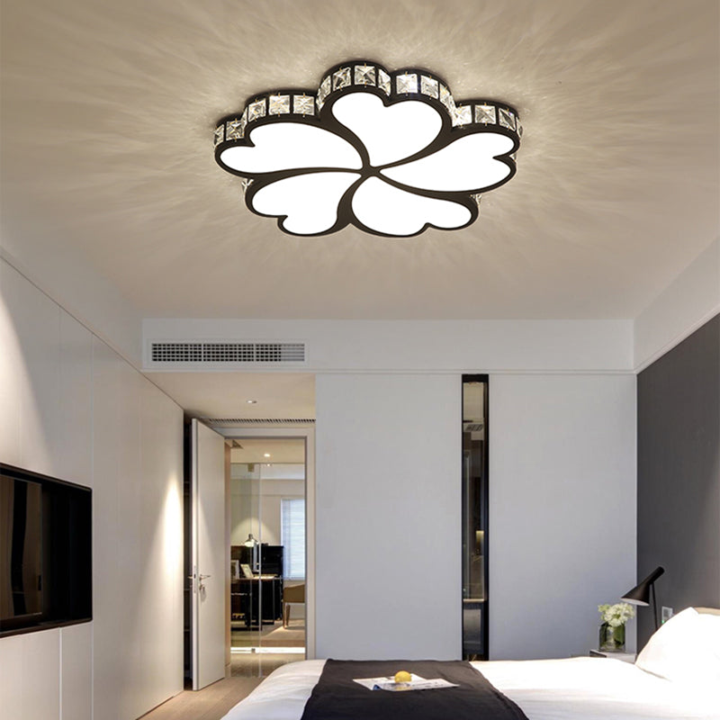 Nordic Clover Crystal Flush Mount Ceiling Light - Black/White/Gold LED Illumination for Bedroom