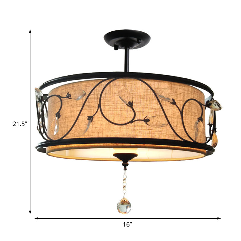 Vintage Drum Semi Flush Ceiling Light in Black Finish for Living Room Décor