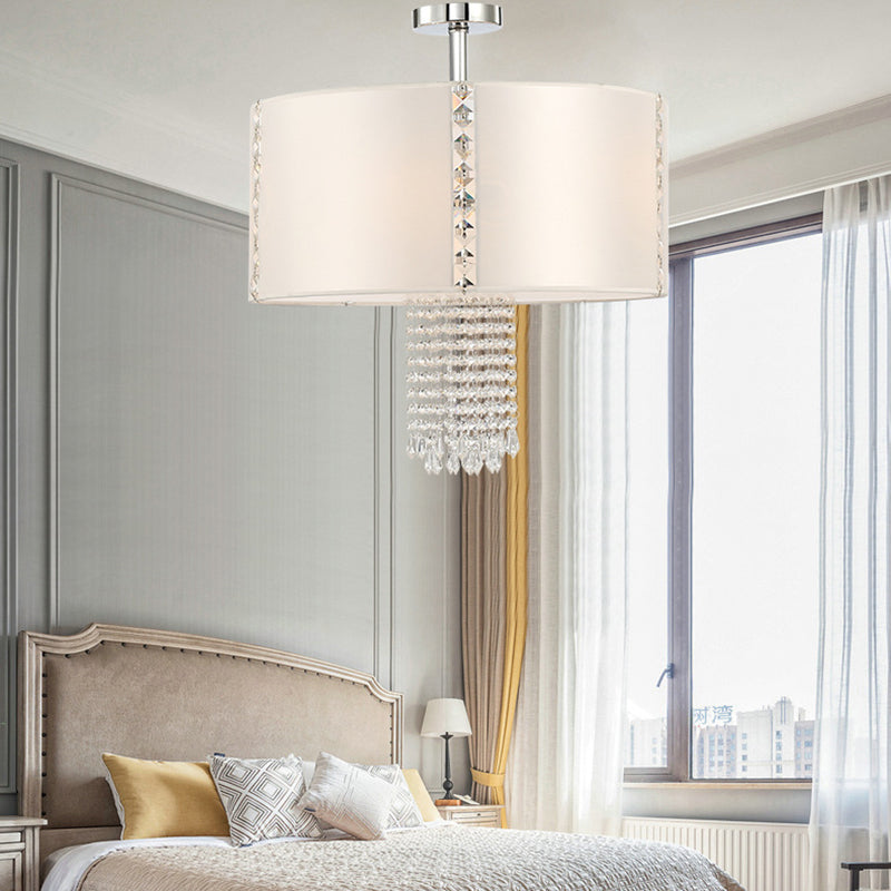 Chrome Modern Drum Ceiling Light with Crystal Bead Accents - 5 Fabric Lights