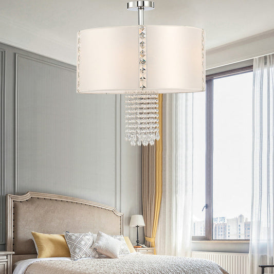 Chrome Modern Drum Ceiling Light with Crystal Bead Accents - 5 Fabric Lights