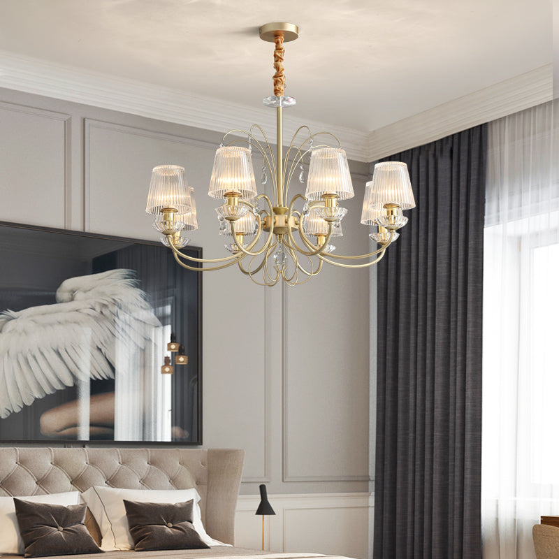 Modern Gold Ribbed Glass Cone Chandelier with 6/8/10 Lights - Elegant Hanging Ceiling Light for Living Room