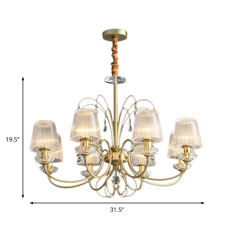Modern Gold Ribbed Glass Cone Chandelier with 6/8/10 Lights - Elegant Hanging Ceiling Light for Living Room