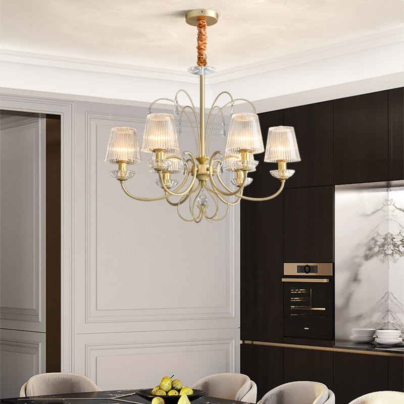 Modern Gold Ribbed Glass Cone Chandelier with 6/8/10 Lights - Elegant Hanging Ceiling Light for Living Room