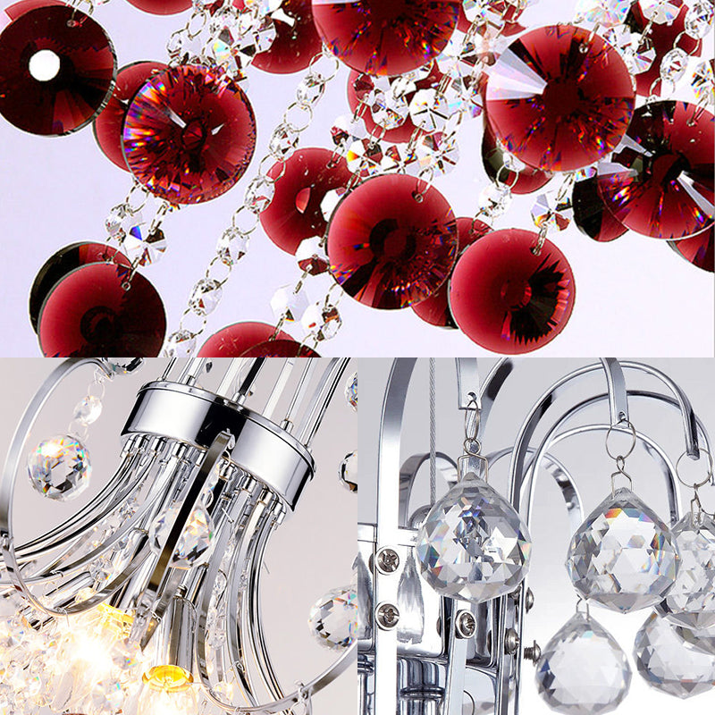 Burgundy Crystal Pendant Light with Chrome Finish - 4 Light Modern Chandelier for Bedroom
