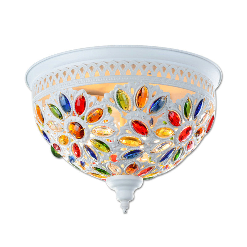 Modernist Bowl Flush Mount Ceiling Light with Crystal Gem Detail - 2-Light Metal Fixture in White/Blue Finish