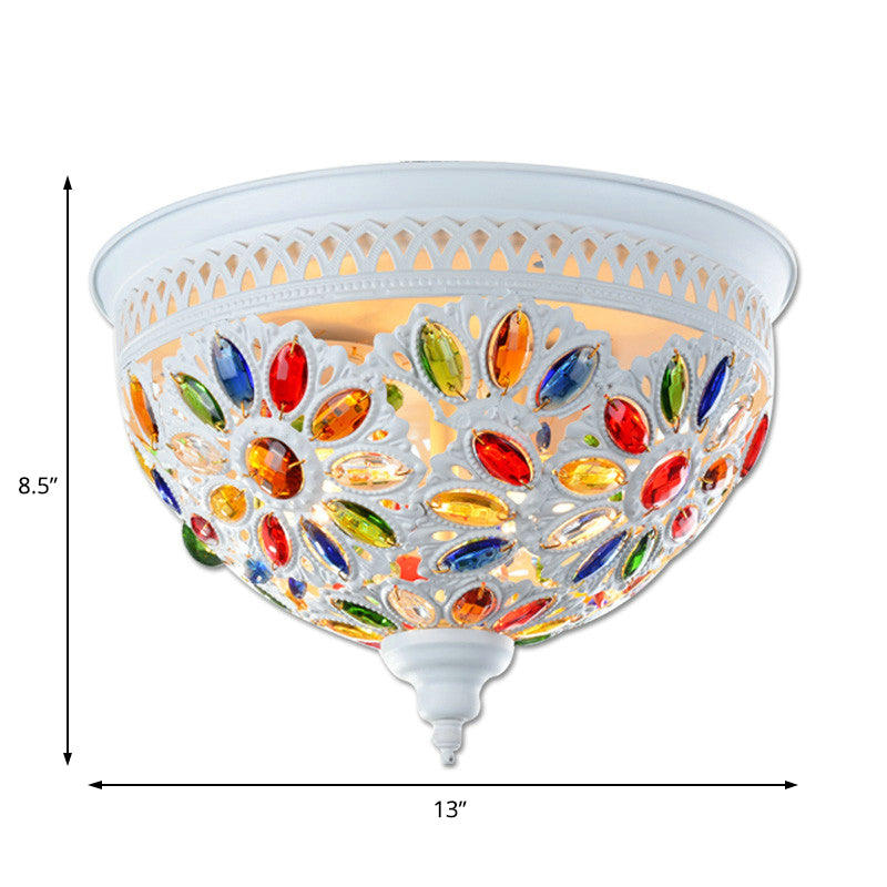 Modernist Bowl Flush Mount Ceiling Light With Crystal Gem Detail - 2-Light Metal Fixture In