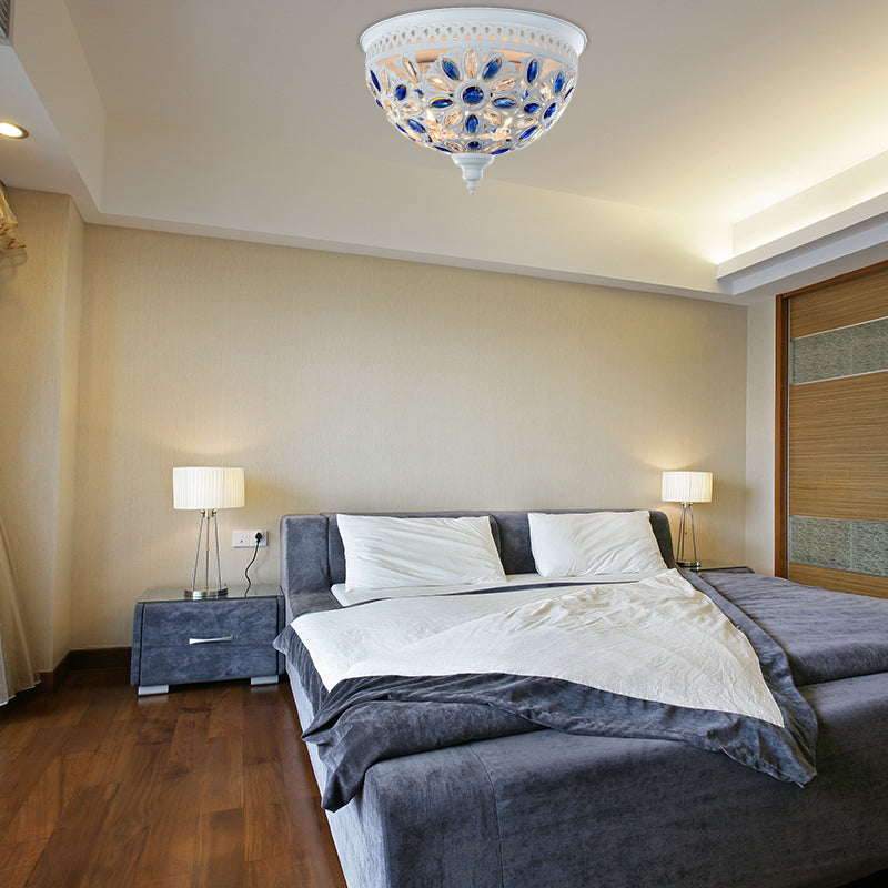 Modernist Bowl Flush Mount Ceiling Light With Crystal Gem Detail - 2-Light Metal Fixture In