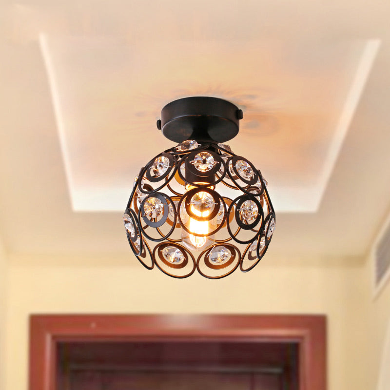 Modern Black Metal Semi Flush Pendant Light with Clear Crystal Deco - Dome Shade, Ceiling Mounted Fixture
