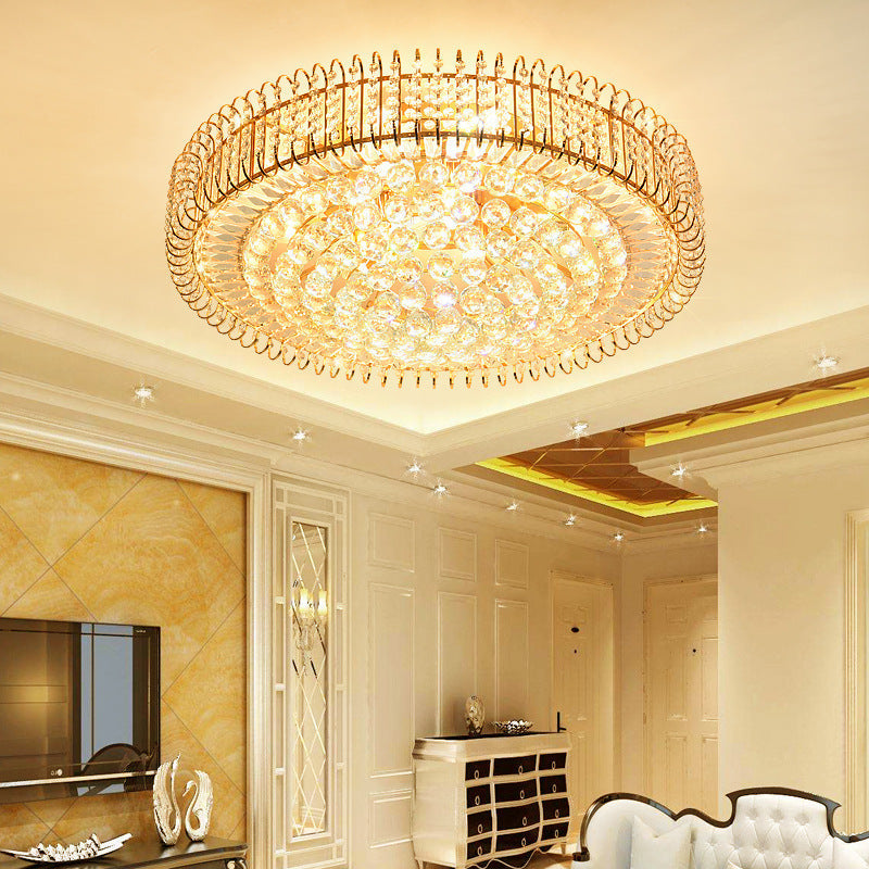 Vintage Gold Flush Ceiling Light with Clear Crystal Ball and Metallic Finish - 12"/18" Diameter