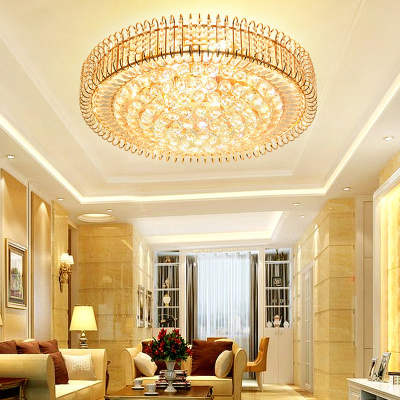 Vintage Gold Flush Ceiling Light with Clear Crystal Ball and Metallic Finish - 12"/18" Diameter