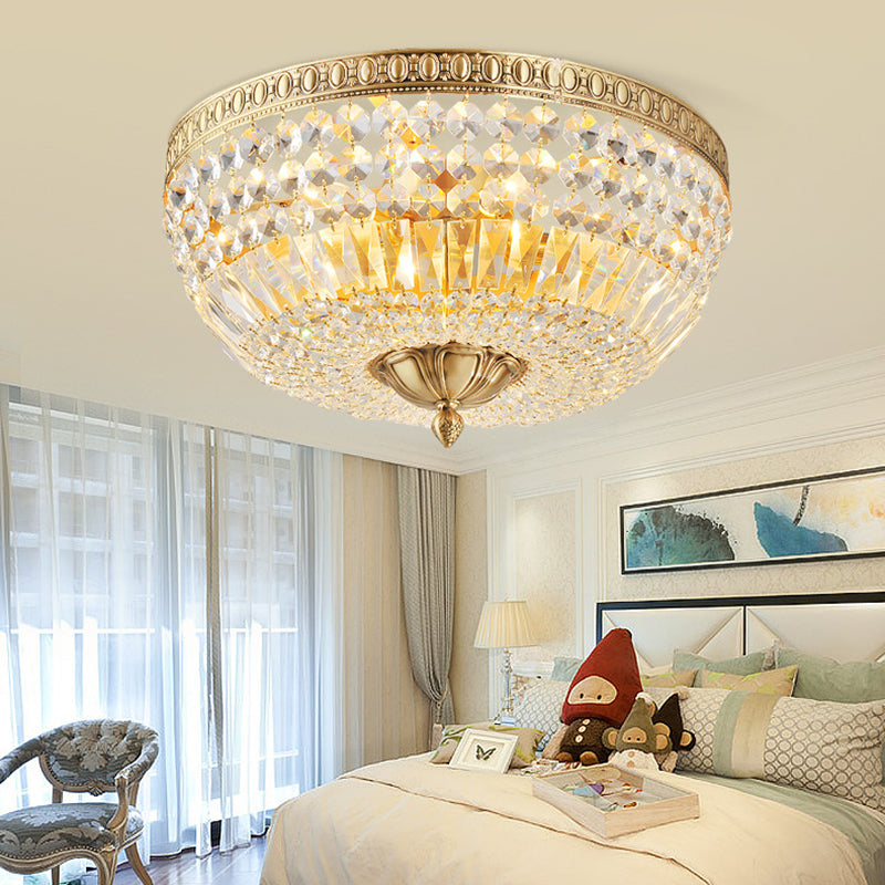 Vintage Golden Bowl Metal Ceiling Light with Clear Crystal Deco - 3 Lights, Flush Mount