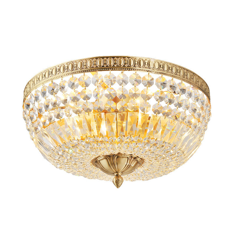 Vintage Golden Bowl Metal Ceiling Light with Clear Crystal Deco - 3 Lights, Flush Mount