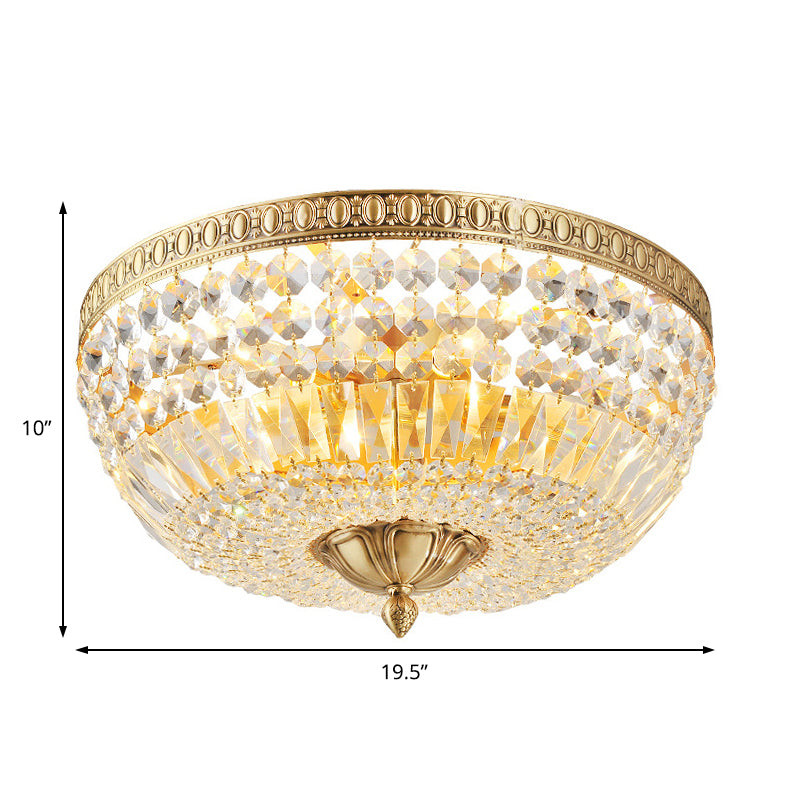 Vintage Golden Bowl Metal Ceiling Light with Clear Crystal Deco - 3 Lights, Flush Mount