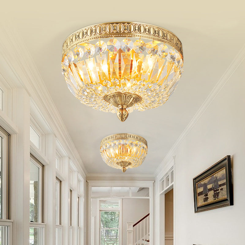 Vintage Golden Bowl Metal Ceiling Light with Clear Crystal Deco - 3 Lights, Flush Mount