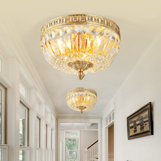 Vintage Golden Bowl Metal Ceiling Light with Clear Crystal Deco - 3 Lights, Flush Mount