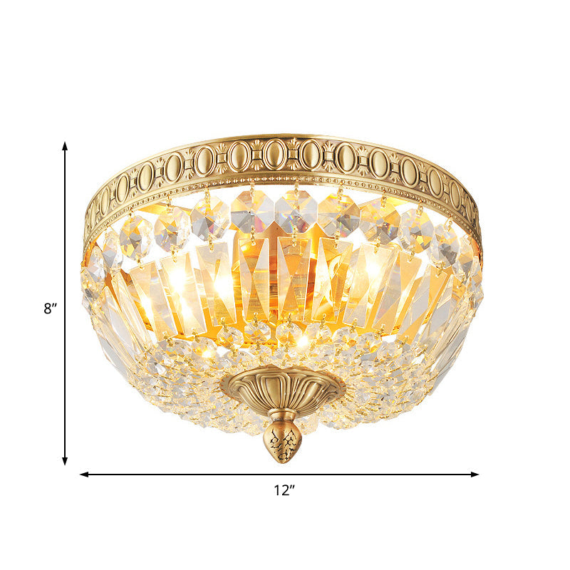 Vintage Golden Bowl Metal Ceiling Light with Clear Crystal Deco - 3 Lights, Flush Mount