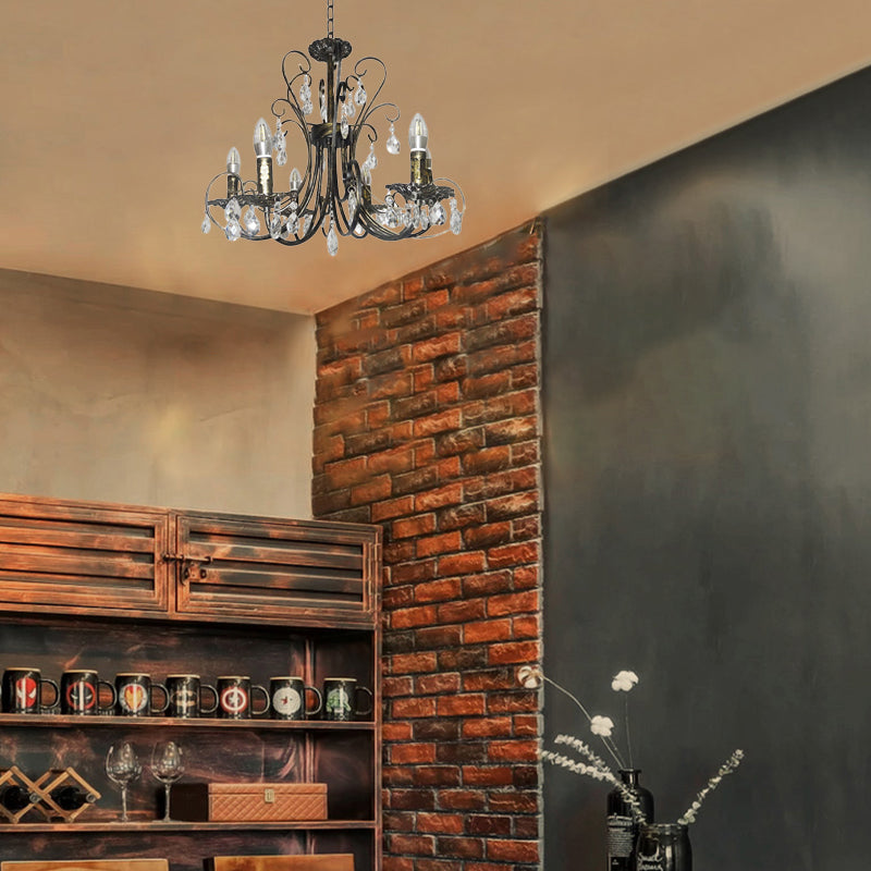 Rustic Candle Chandelier: Wrought Iron 6-Light Suspension Lamp with Crystal Accent - Brass Finish