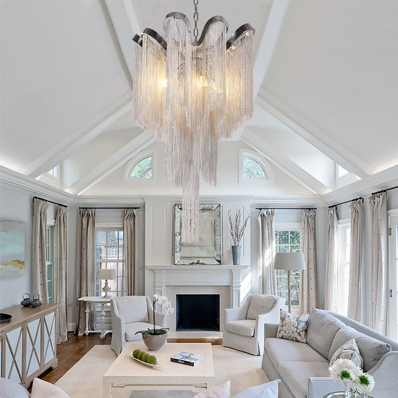 Modern Nordic Style Silver Chandelier with Tassel Metal Accents - 4-Light Hanging Ceiling Fixture