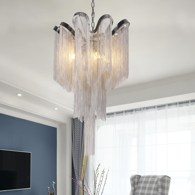 Modern Nordic Style Silver Chandelier with Tassel Metal Accents - 4-Light Hanging Ceiling Fixture
