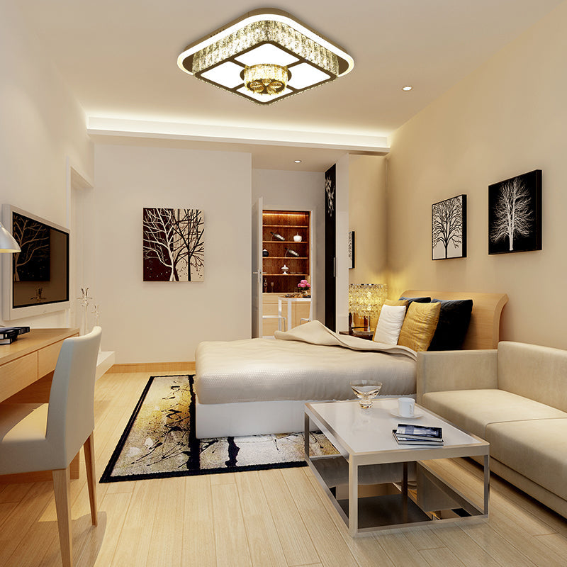 Modern Square/Flower Flush Ceiling Light - Clear Crystal Led White Bedroom