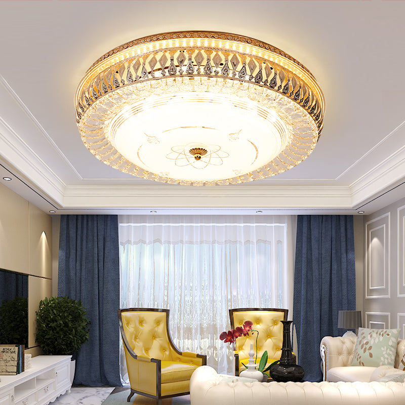 Vintage Brass LED Ceiling Light Fixture with Crystal Flush Mount Lamp and White Glass Shade - 16"/19.5"W Drum