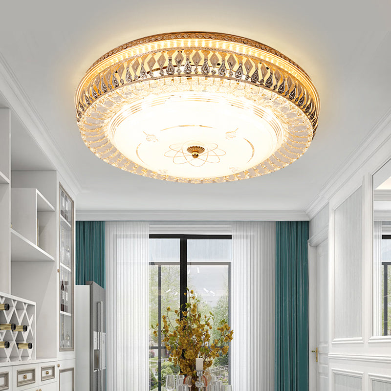 Vintage Brass LED Ceiling Light Fixture with Crystal Flush Mount Lamp and White Glass Shade - 16"/19.5"W Drum