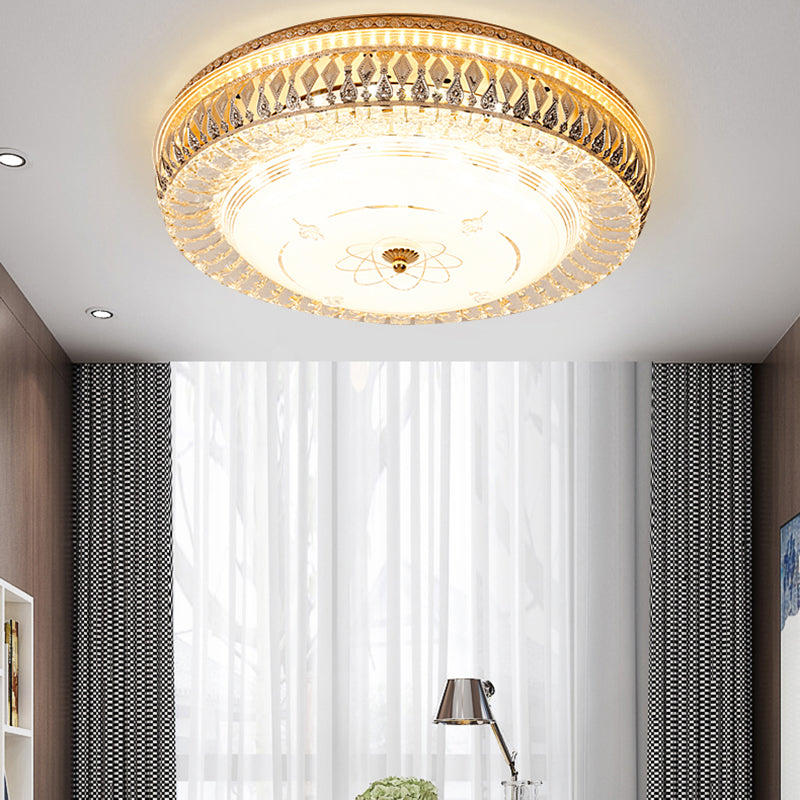 Vintage Brass LED Ceiling Light Fixture with Crystal Flush Mount Lamp and White Glass Shade - 16"/19.5"W Drum