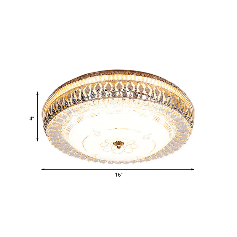 Vintage Brass LED Ceiling Light Fixture with Crystal Flush Mount Lamp and White Glass Shade - 16"/19.5"W Drum