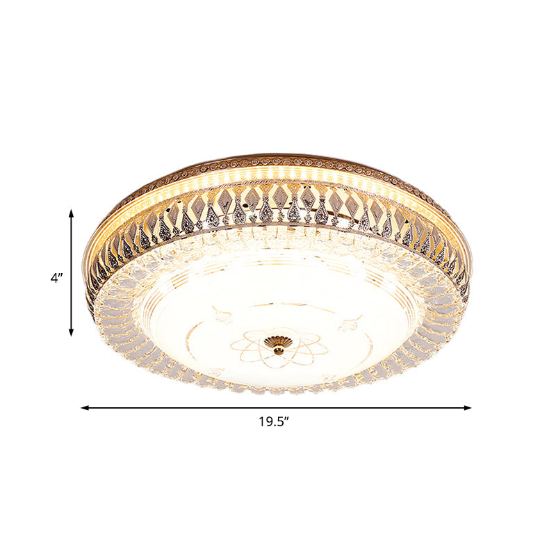 Vintage Brass LED Ceiling Light Fixture with Crystal Flush Mount Lamp and White Glass Shade - 16"/19.5"W Drum