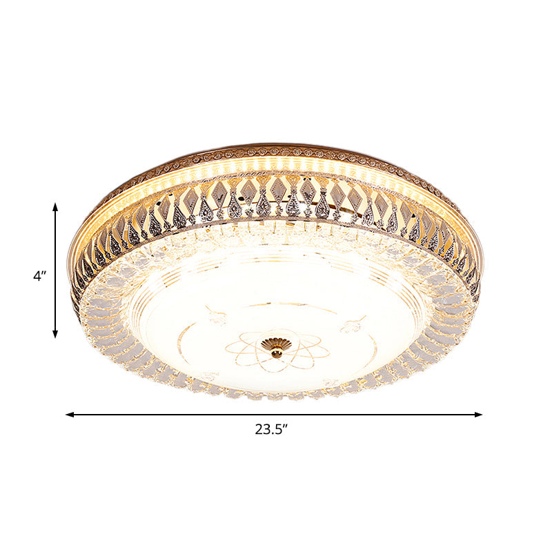 Vintage Brass LED Ceiling Light Fixture with Crystal Flush Mount Lamp and White Glass Shade - 16"/19.5"W Drum