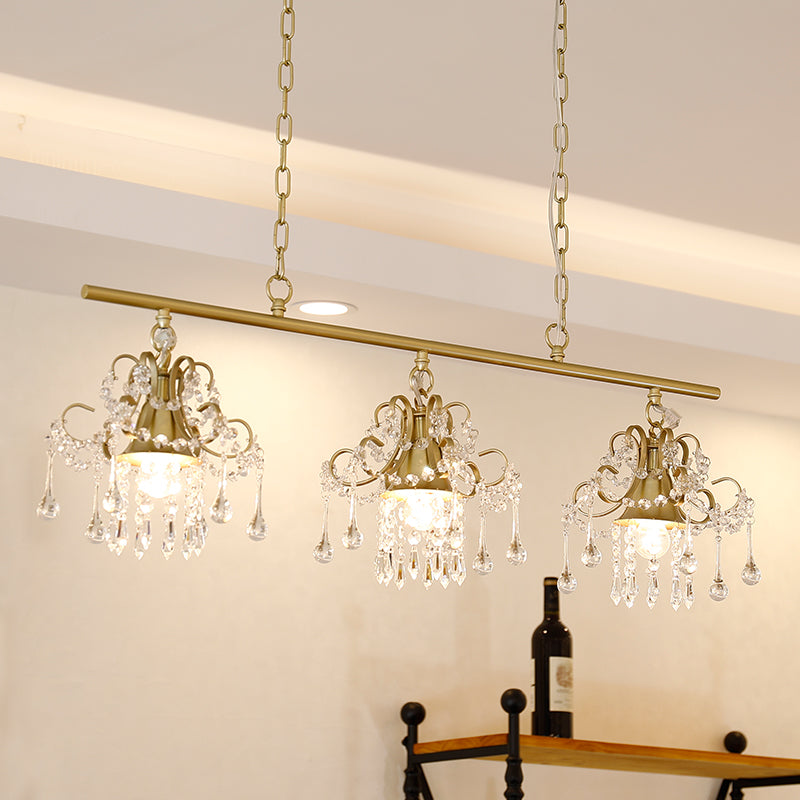 Champagne Vintage-Style Crystal & Metal Pendant Light: 3-Light Island Lighting For Living Room