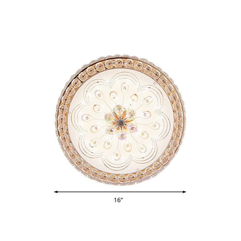 Gold Metal and Crystal LED Flushed Ceiling Light with Peacock/Floral Pattern - 16"/19.5" Wide